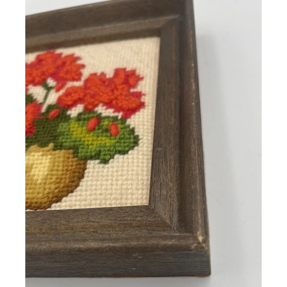 Vtg Floral Crewel Embroidery Framed Wall Art 6 x 6 Cottagecore Red Geraniums MCM